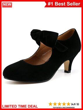 Bow Mary Jane Kitten Heel Pumps Round Toe Hook & Loop Dress Shoes